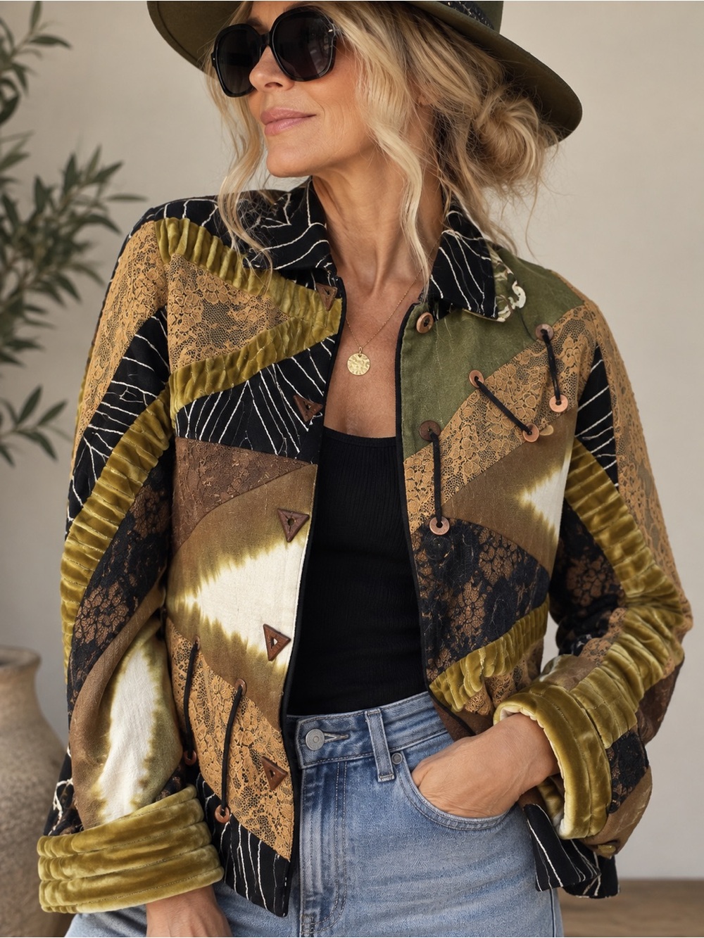F40. Daniel K. | Silk Velvet Lace Patchwork Art to Wear Jacket | M